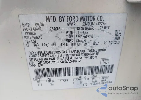 2008 Ford Edge Limited из США, поврежденный, VIN 2FMDK39CX8BA04962
